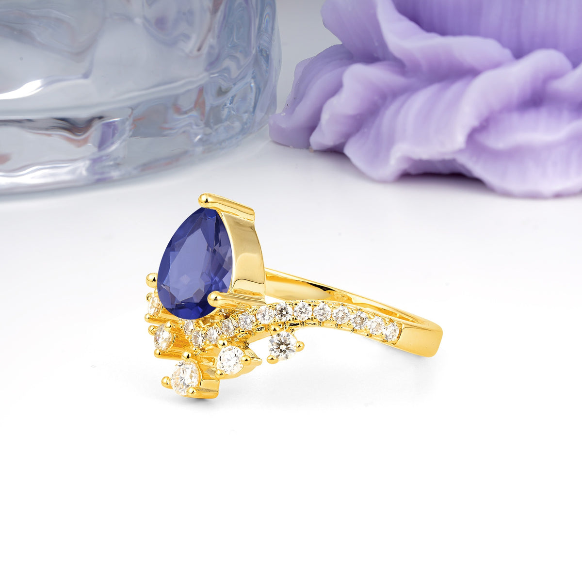 Luxurious and Unique Crown Style 3 Prong Pear Cut Tanzanite Engagement Ring - Additional view