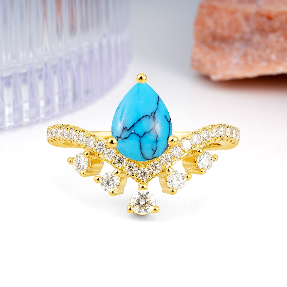 Luxurious and Unique Crown Style 3 Prong Pear Cut Turquoise Engagement Ring - Additional view