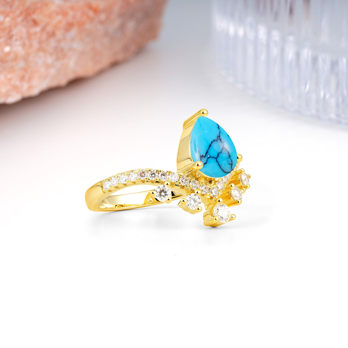 Luxurious and Unique Crown Style 3 Prong Pear Cut Turquoise Engagement Ring - Additional view