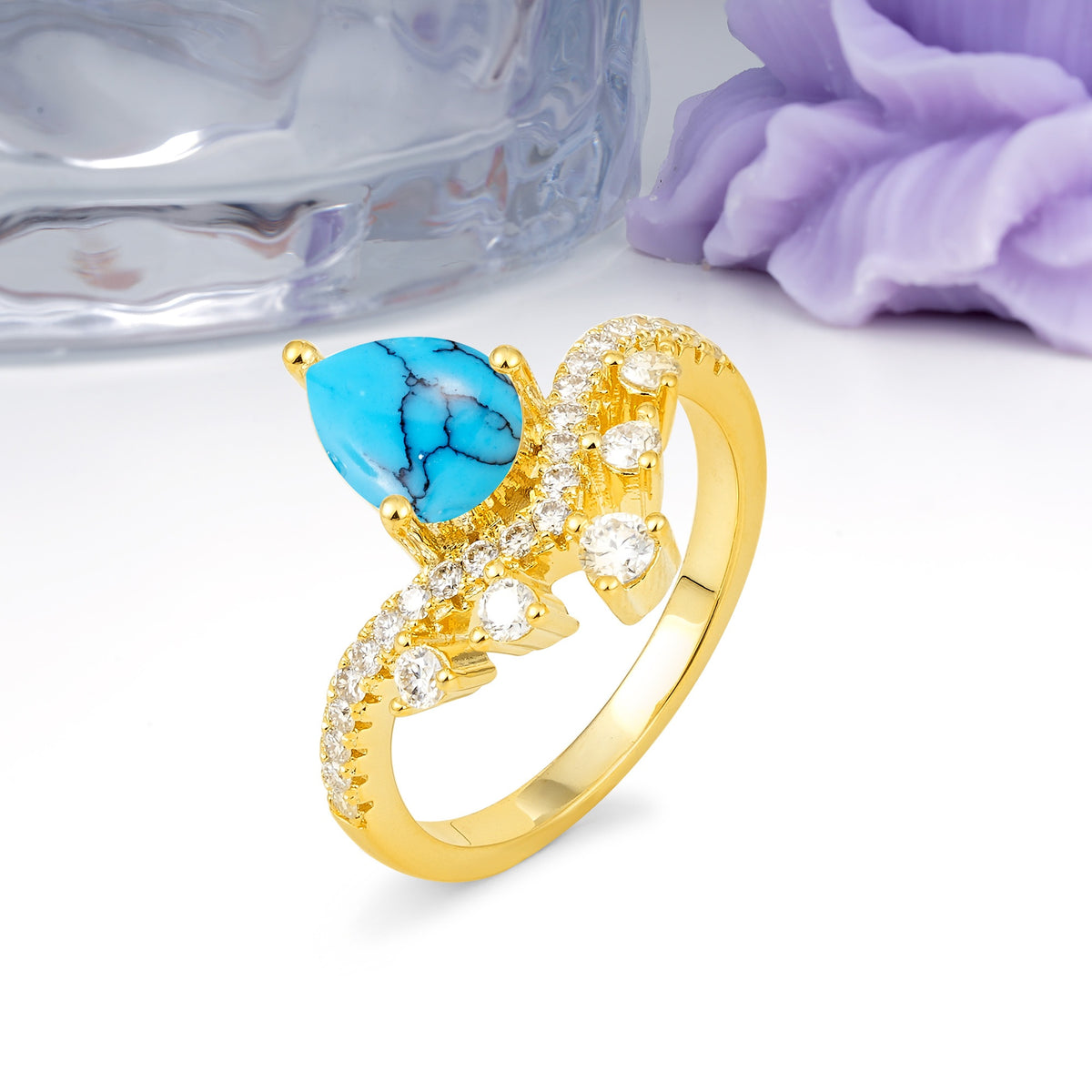 Luxurious and Unique Crown Style 3 Prong Pear Cut Turquoise Engagement Ring - Additional view