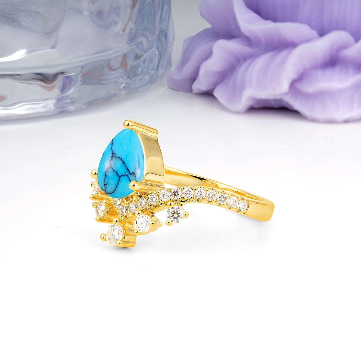 Luxurious and Unique Crown Style 3 Prong Pear Cut Turquoise Engagement Ring - Additional view