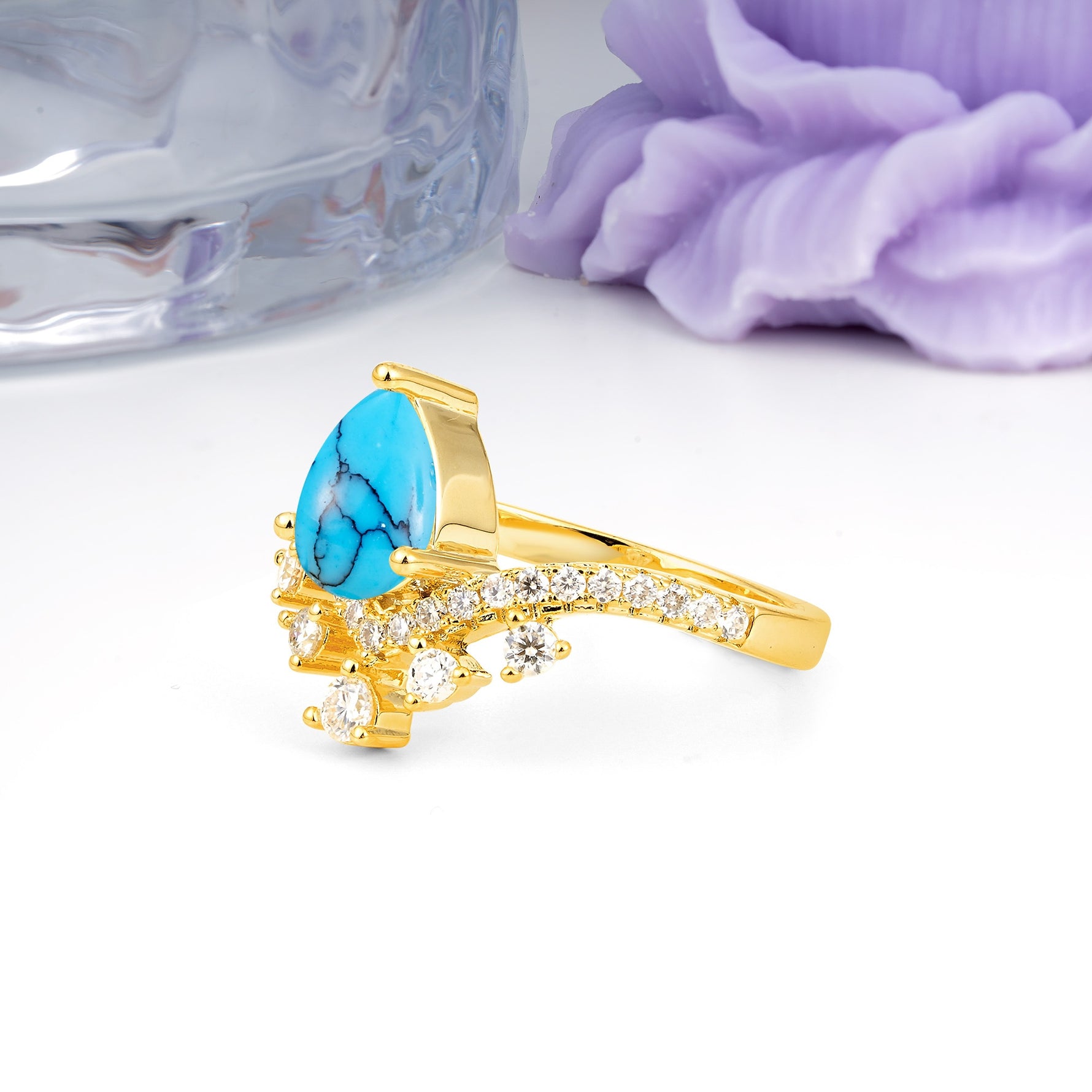 Luxurious and Unique Crown Style 3 Prong Pear Cut Turquoise Engagement Ring - Additional view