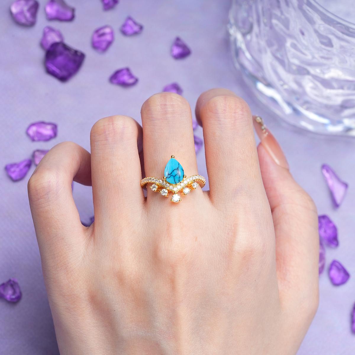 Luxurious and Unique Crown Style 3 Prong Pear Cut Turquoise Engagement Ring