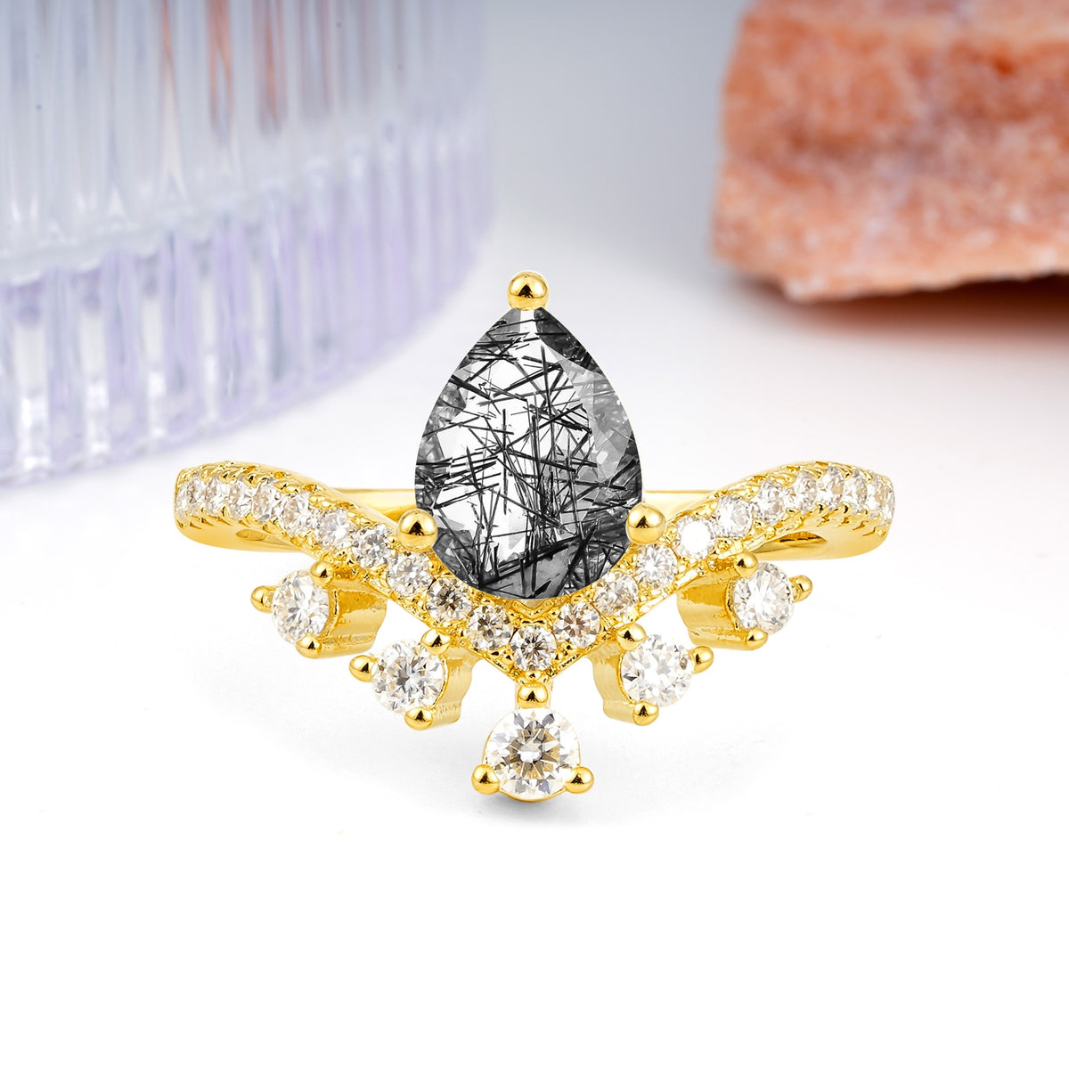 Luxurious and Unique Crown Style 3 Prong Pear Cut Black Rutilated Quartz Engagement Ring - Additional view