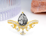 Luxurious and Unique Crown Style 3 Prong Pear Cut Black Rutilated Quartz Engagement Ring - Additional view
