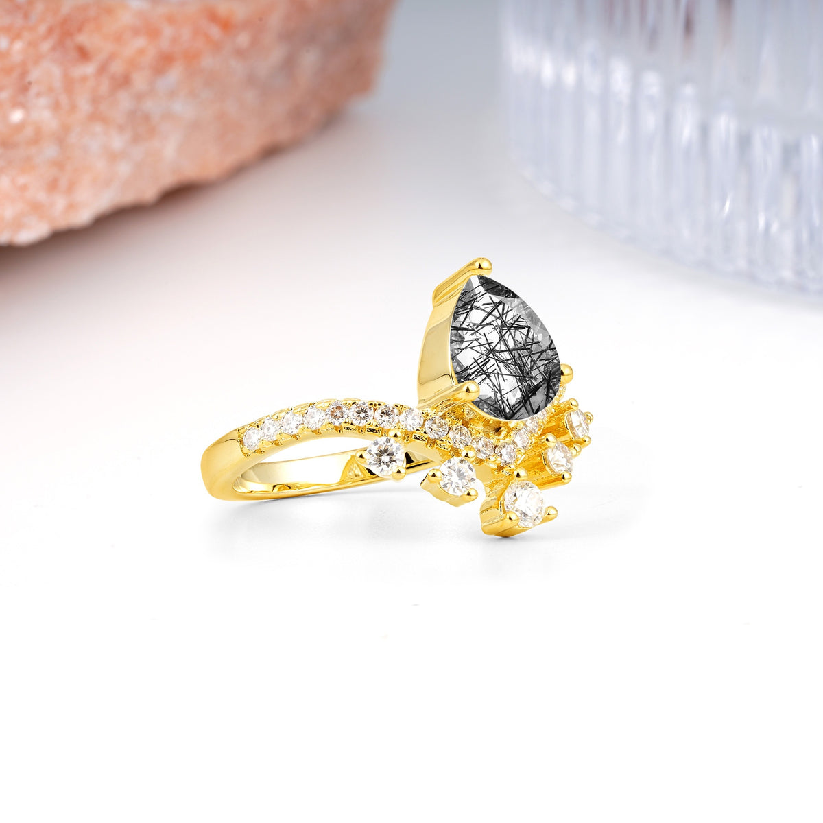 Luxurious and Unique Crown Style 3 Prong Pear Cut Black Rutilated Quartz Engagement Ring - Additional view