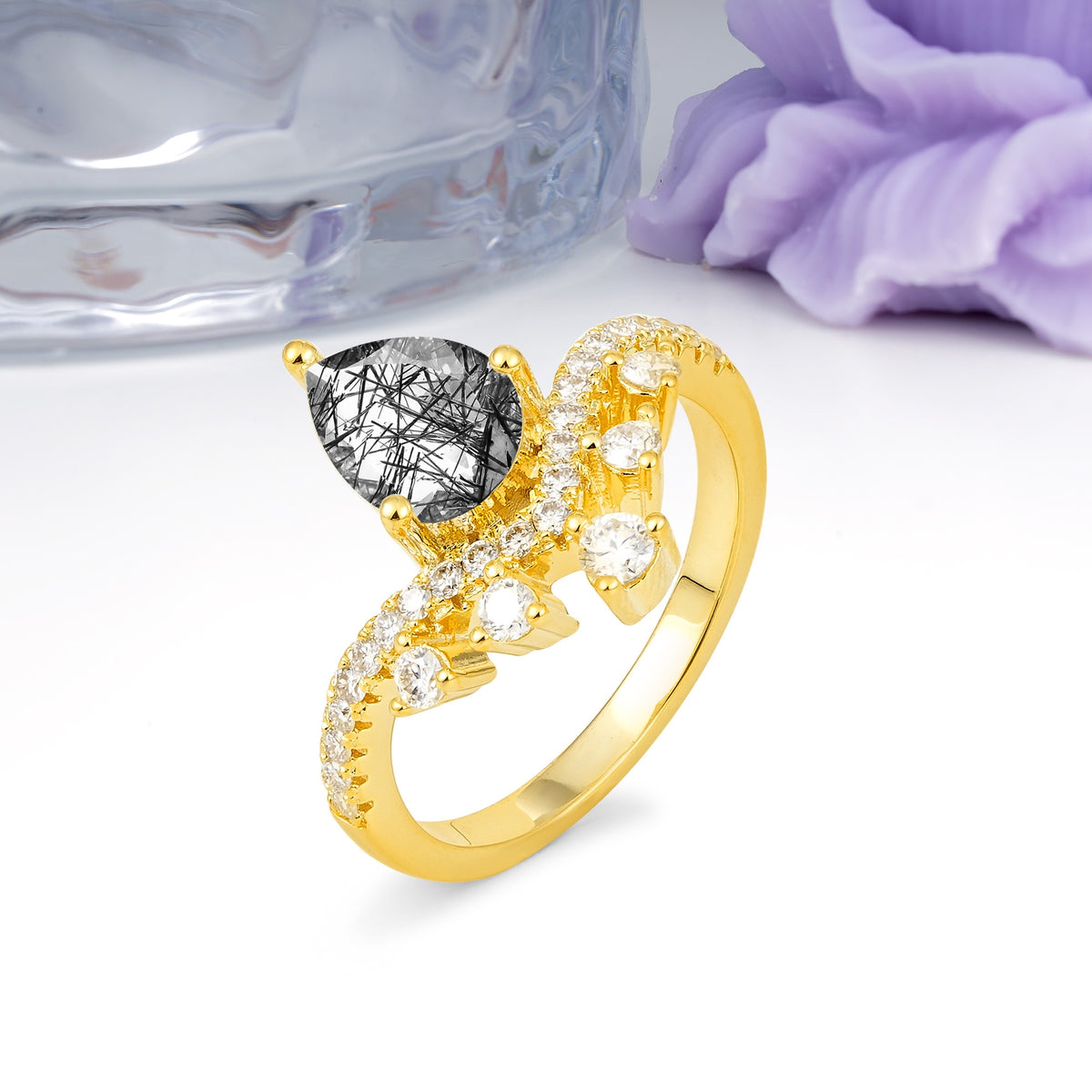 Luxurious and Unique Crown Style 3 Prong Pear Cut Black Rutilated Quartz Engagement Ring - Additional view