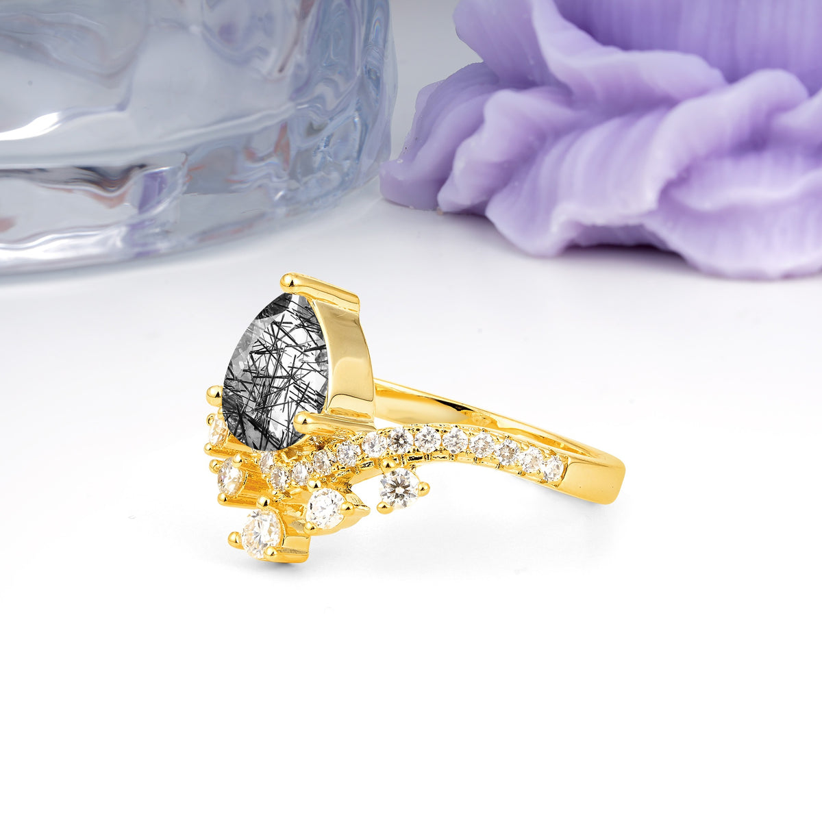 Luxurious and Unique Crown Style 3 Prong Pear Cut Black Rutilated Quartz Engagement Ring - Additional view