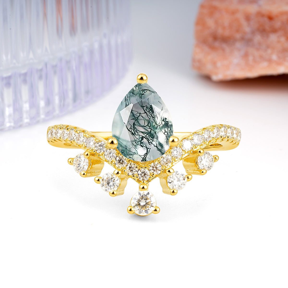 Luxurious and Unique Crown Style 3 Prong Pear Cut Moss Agate Engagement Ring - Additional view