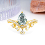 Luxurious and Unique Crown Style 3 Prong Pear Cut Moss Agate Engagement Ring - Additional view