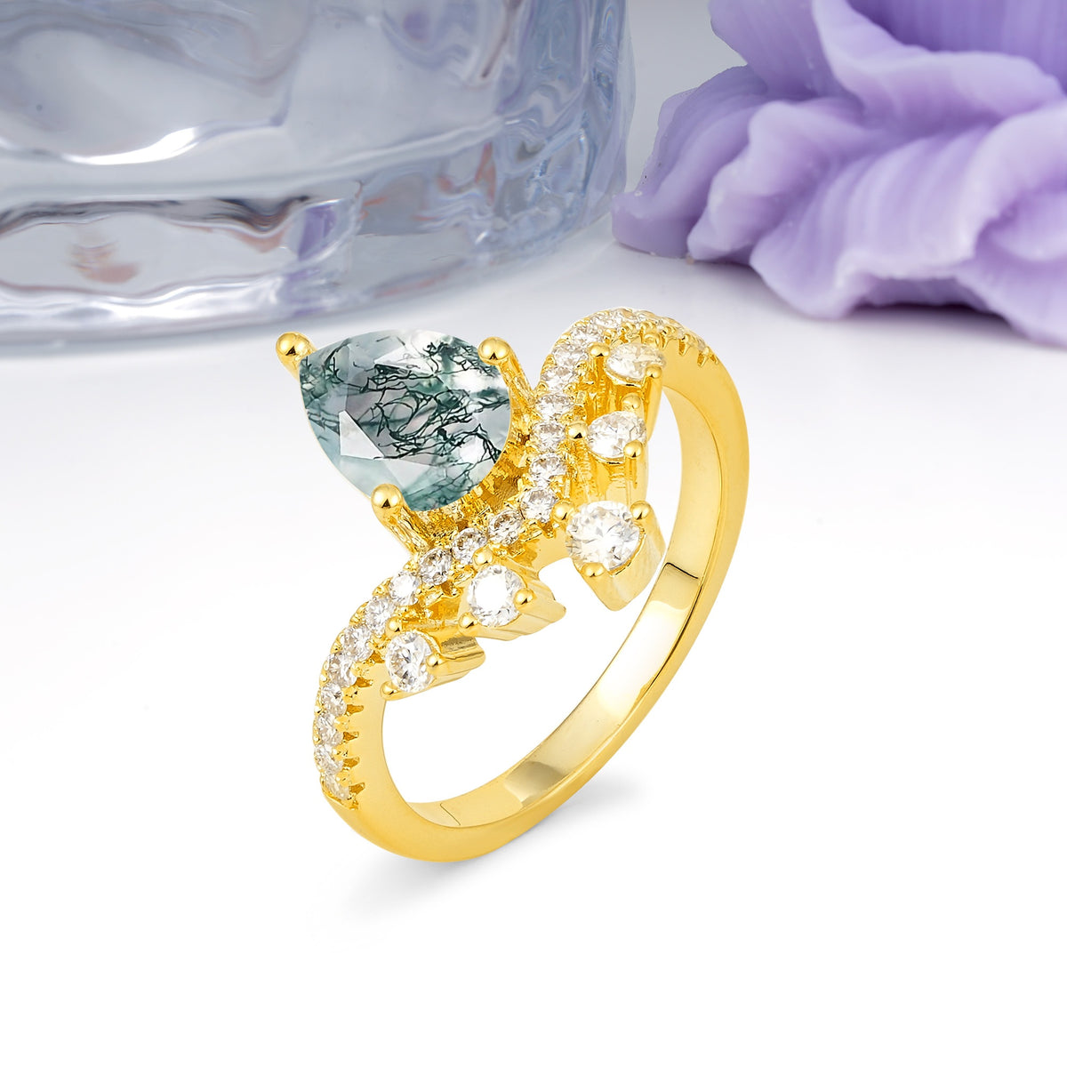 Luxurious and Unique Crown Style 3 Prong Pear Cut Moss Agate Engagement Ring - Additional view