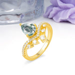 Luxurious and Unique Crown Style 3 Prong Pear Cut Moss Agate Engagement Ring - Additional view