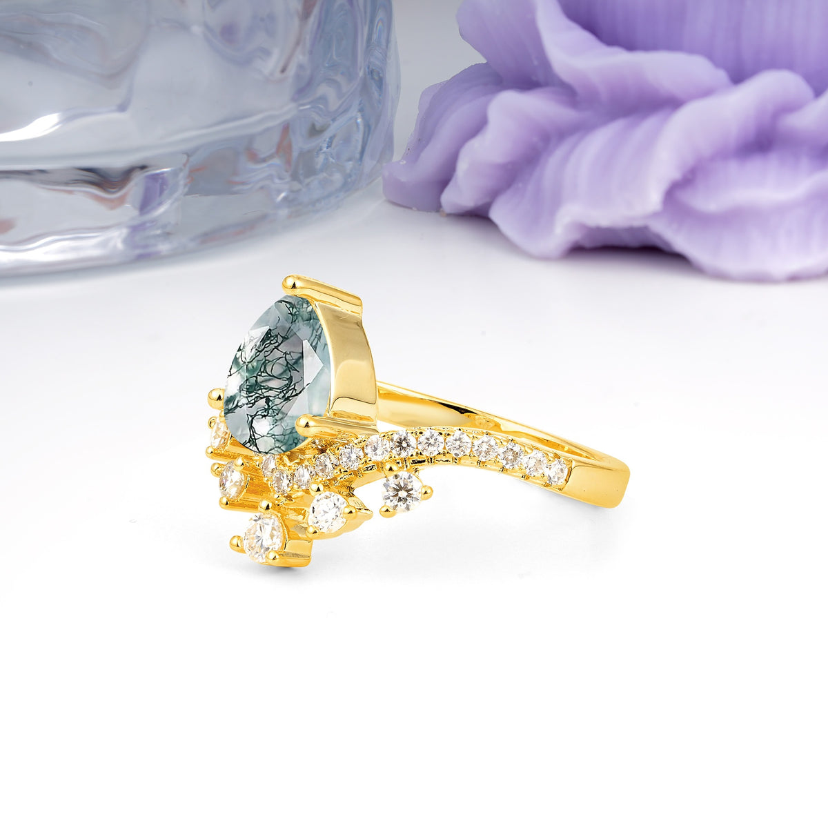 Luxurious and Unique Crown Style 3 Prong Pear Cut Moss Agate Engagement Ring - Additional view