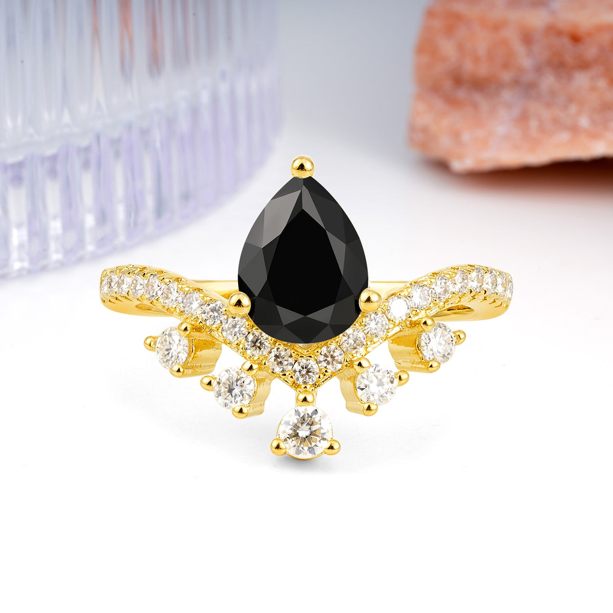 Luxurious and Unique Crown Style 3 Prong Pear Cut Black Onyx Engagement Ring - Additional view