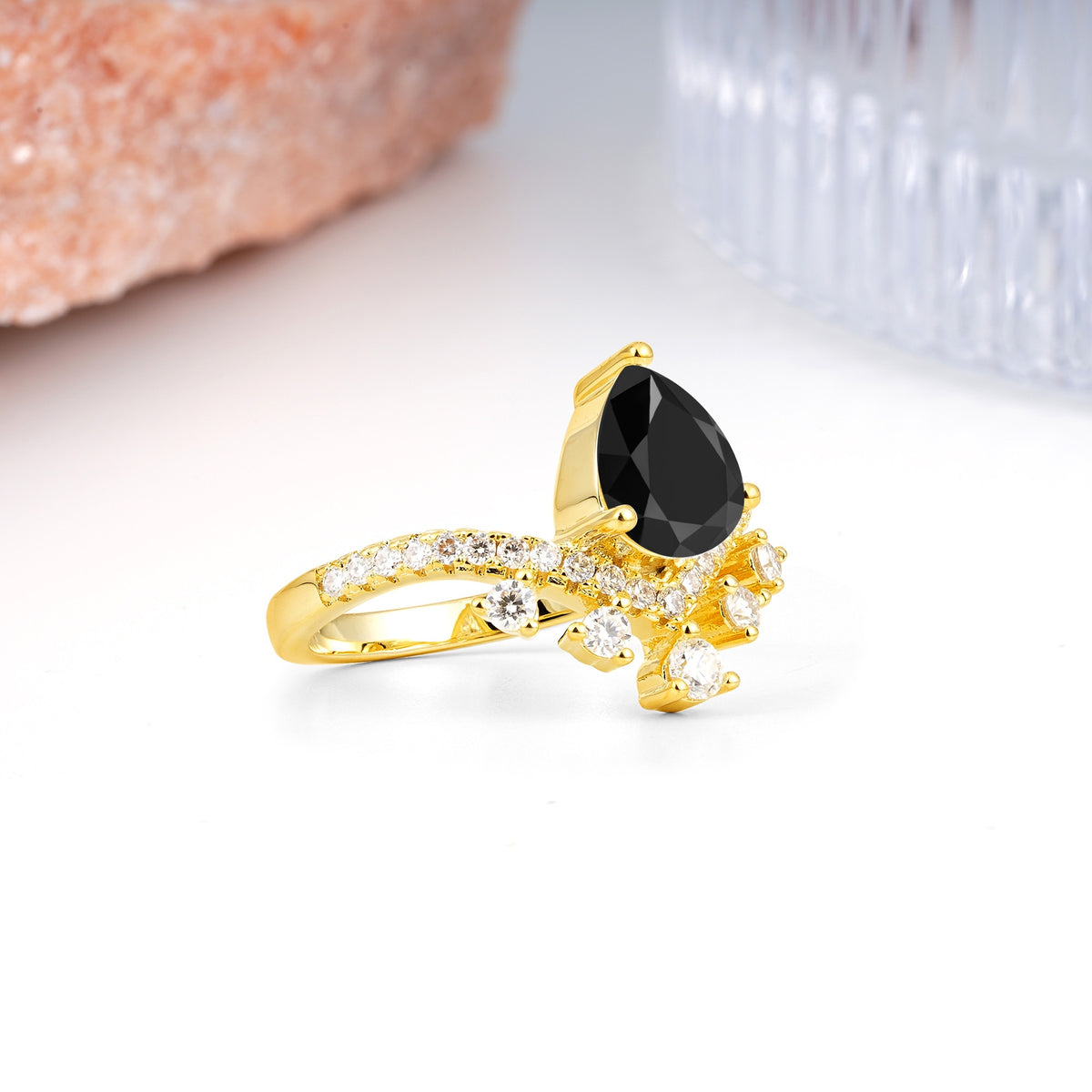 Luxurious and Unique Crown Style 3 Prong Pear Cut Black Onyx Engagement Ring - Additional view