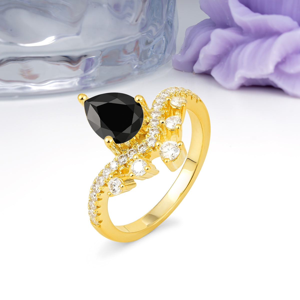 Luxurious and Unique Crown Style 3 Prong Pear Cut Black Onyx Engagement Ring - Additional view