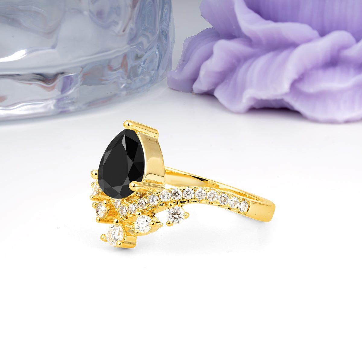 Luxurious and Unique Crown Style 3 Prong Pear Cut Black Onyx Engagement Ring - Additional view