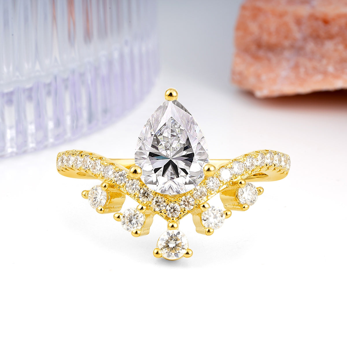 Luxurious and Unique Crown Style 3 Prong Pear Cut Lab Diamond Engagement Ring - Additional view