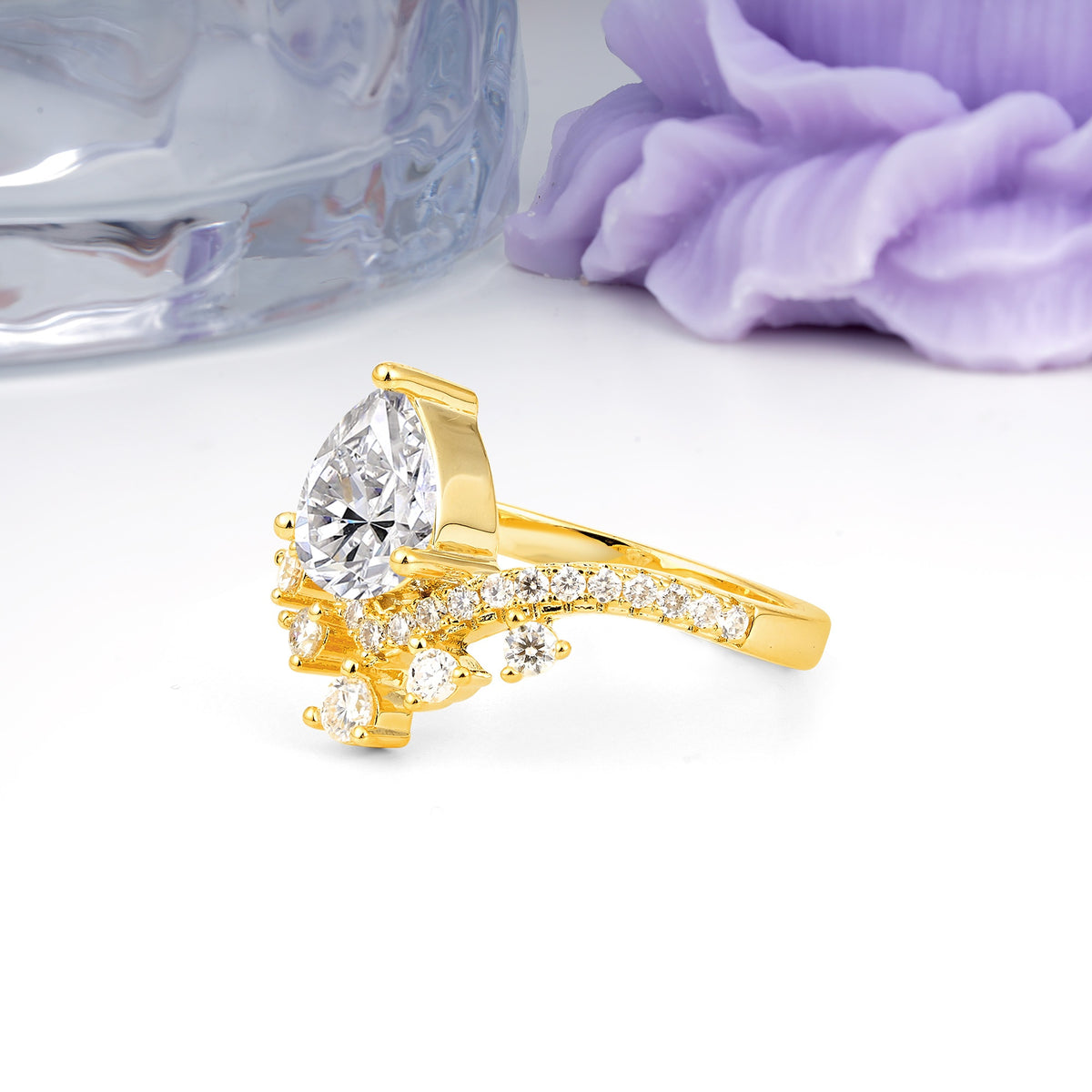Luxurious and Unique Crown Style 3 Prong Pear Cut Lab Diamond Engagement Ring - Additional view