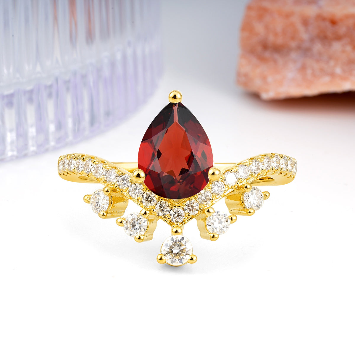 Luxurious and Unique Crown Style 3 Prong Pear Cut Garnet Engagement Ring - Additional view