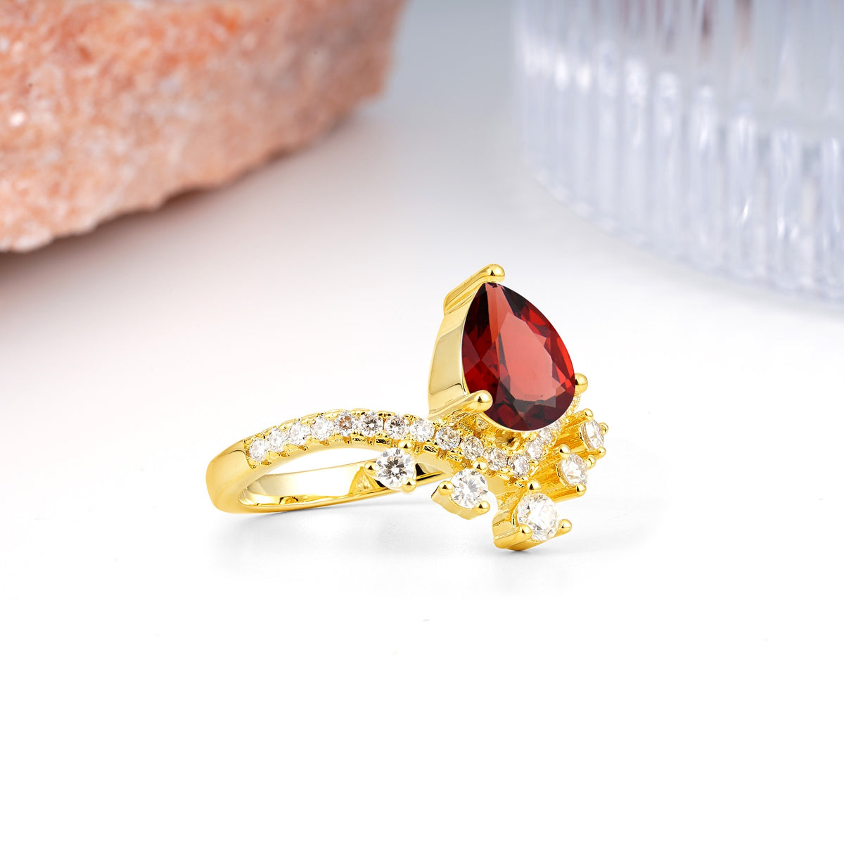 Luxurious and Unique Crown Style 3 Prong Pear Cut Garnet Engagement Ring - Additional view