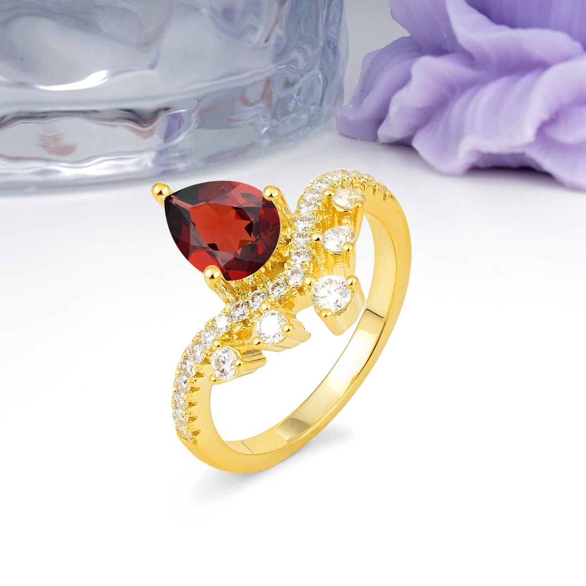 Luxurious and Unique Crown Style 3 Prong Pear Cut Garnet Engagement Ring - Additional view