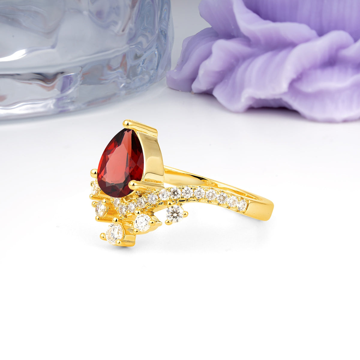 Luxurious and Unique Crown Style 3 Prong Pear Cut Garnet Engagement Ring - Additional view