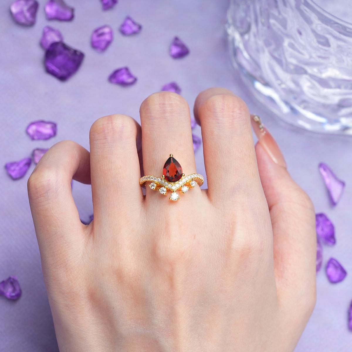 Luxurious and Unique Crown Style 3 Prong Pear Cut Garnet Engagement Ring