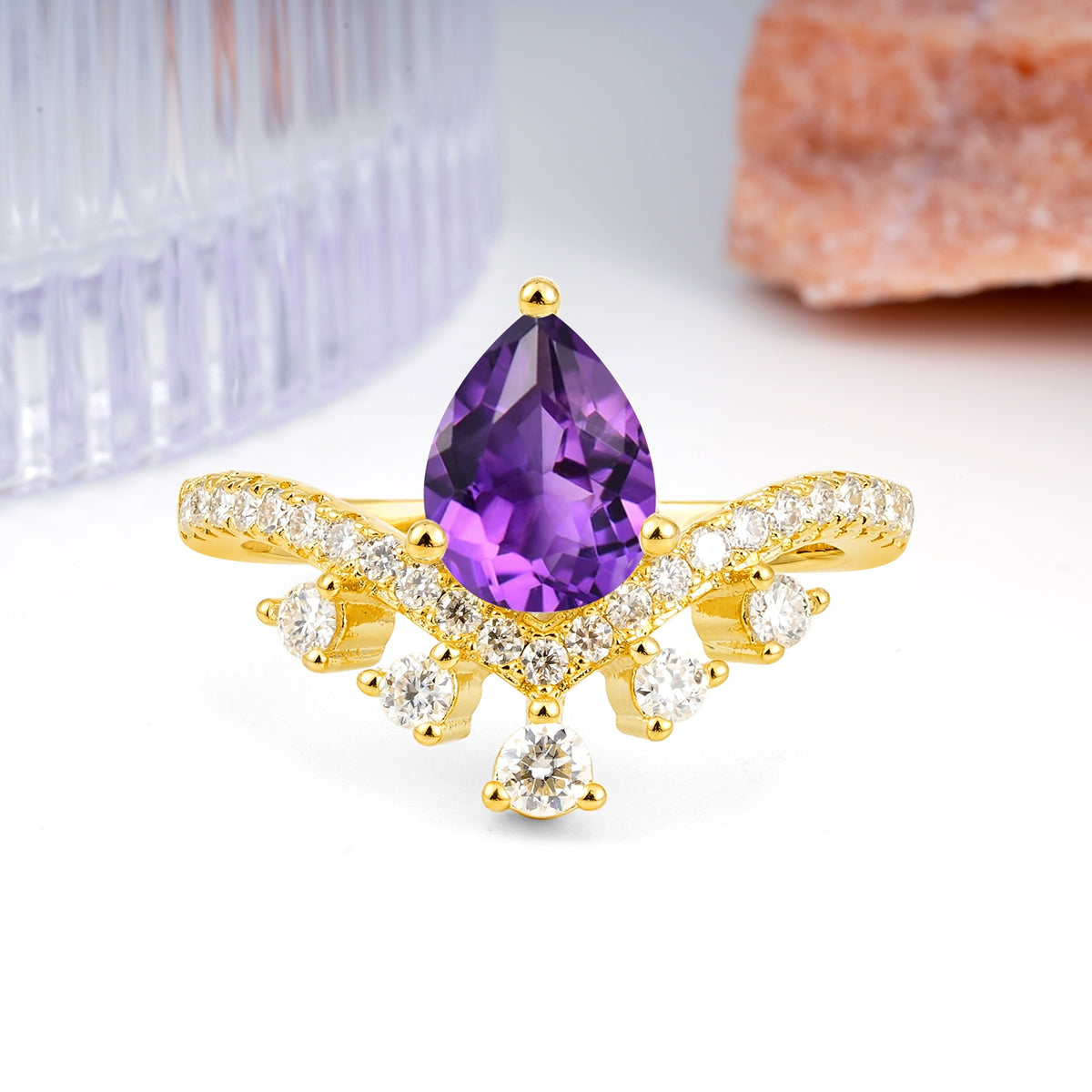 Luxurious and Unique Crown Style 3 Prong Pear Cut Amethyst Engagement Ring - Additional view