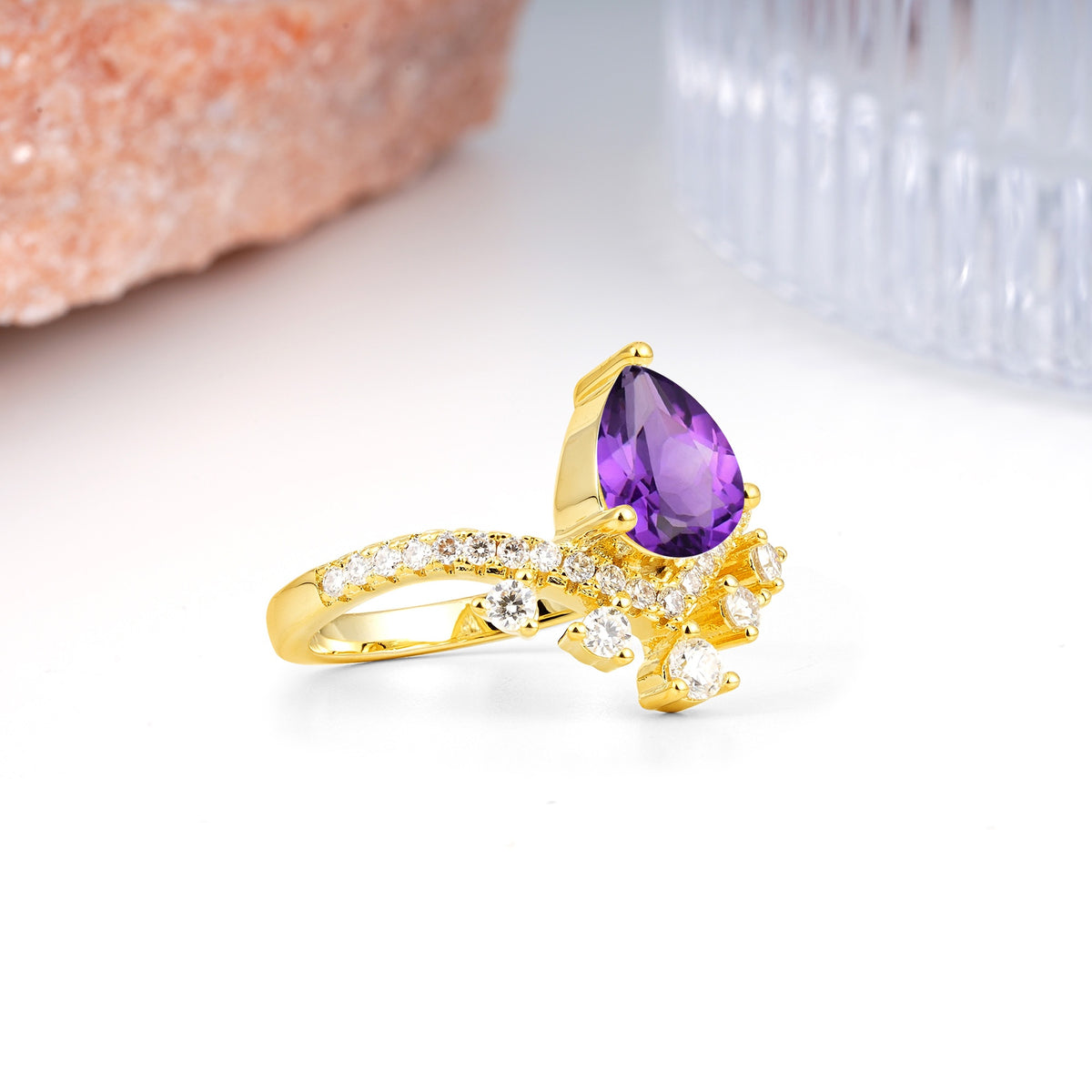 Luxurious and Unique Crown Style 3 Prong Pear Cut Amethyst Engagement Ring - Additional view