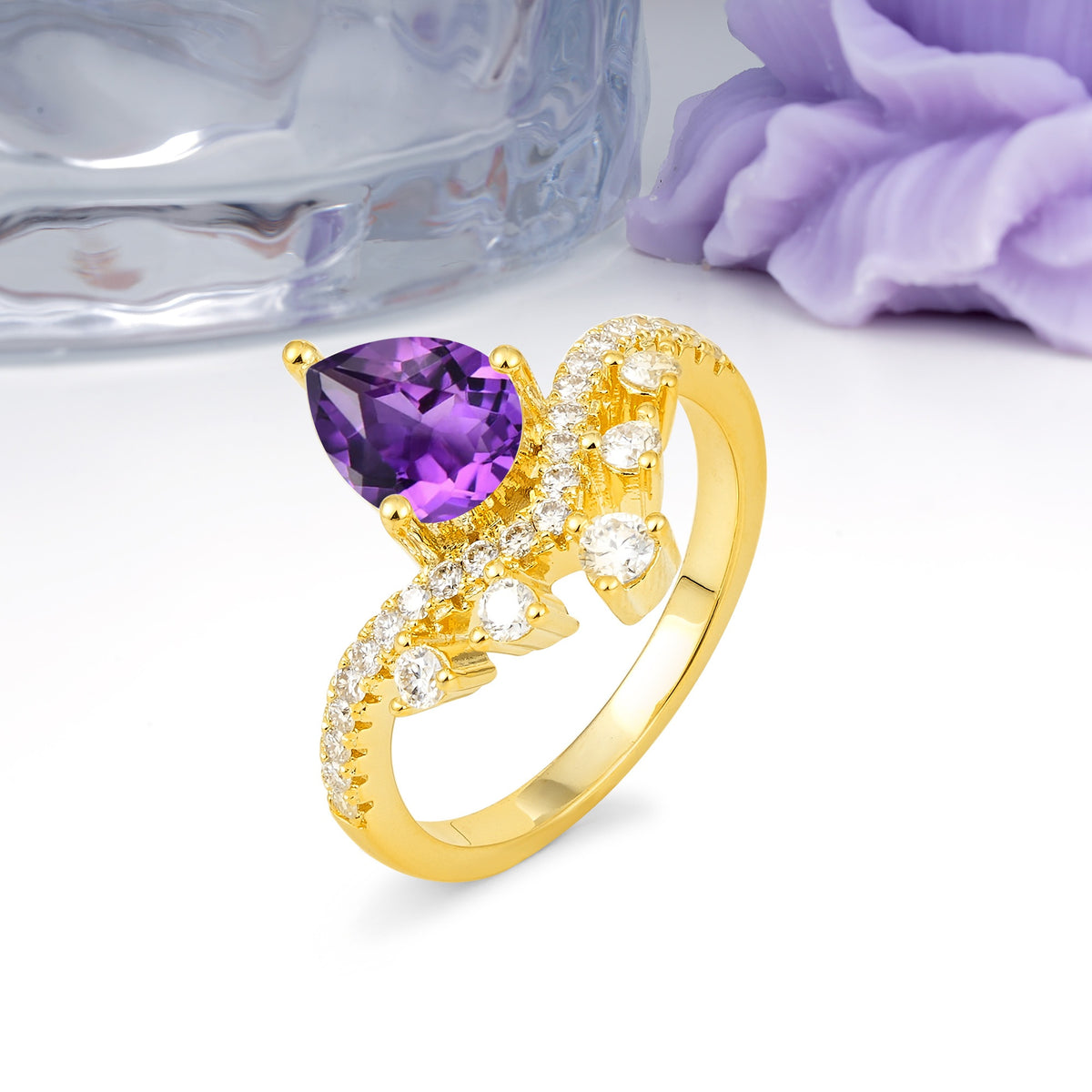 Luxurious and Unique Crown Style 3 Prong Pear Cut Amethyst Engagement Ring - Additional view