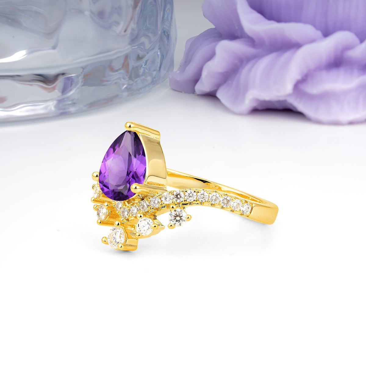 Luxurious and Unique Crown Style 3 Prong Pear Cut Amethyst Engagement Ring - Additional view