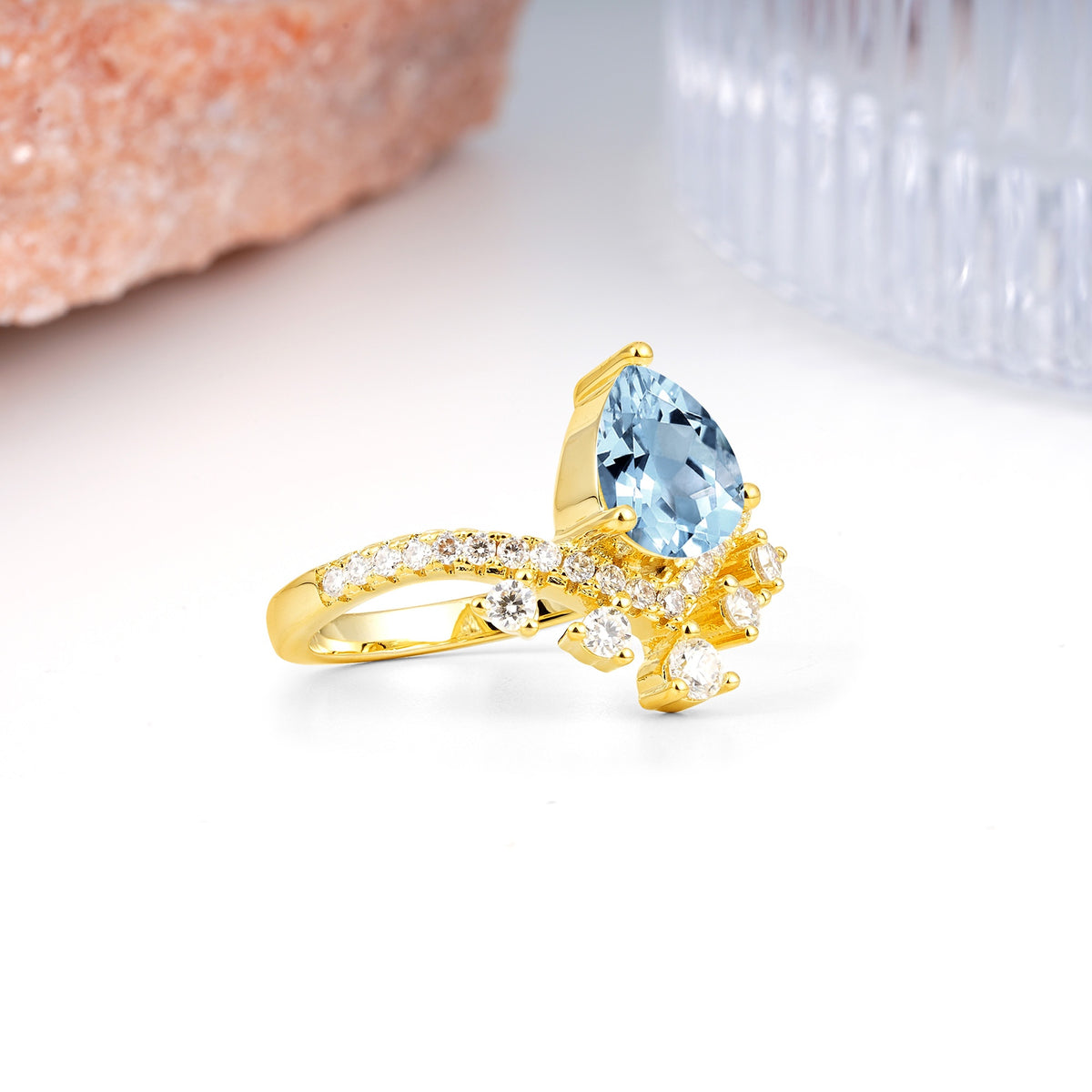 Luxurious and Unique Crown Style 3 Prong Pear Cut Aquamarine Engagement Ring - Additional view