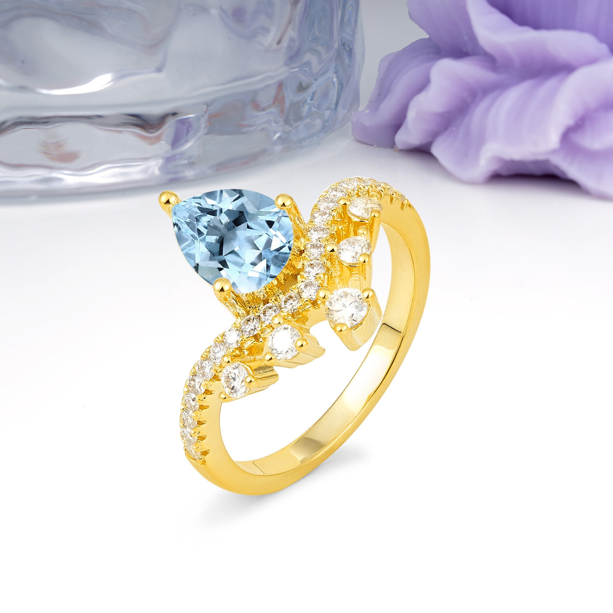 Luxurious and Unique Crown Style 3 Prong Pear Cut Aquamarine Engagement Ring - Additional view