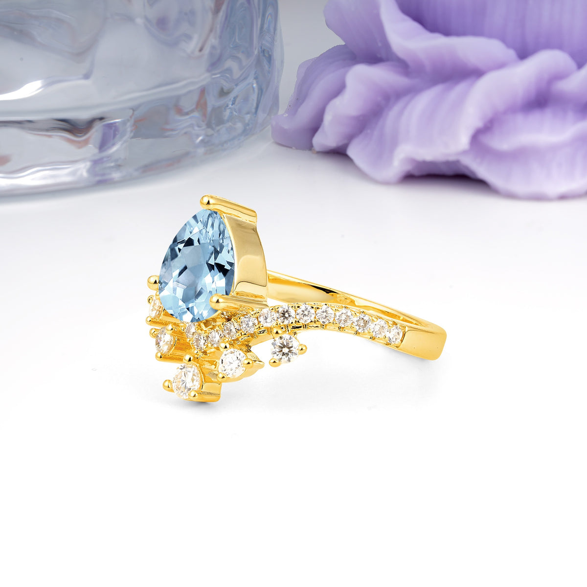 Luxurious and Unique Crown Style 3 Prong Pear Cut Aquamarine Engagement Ring - Additional view
