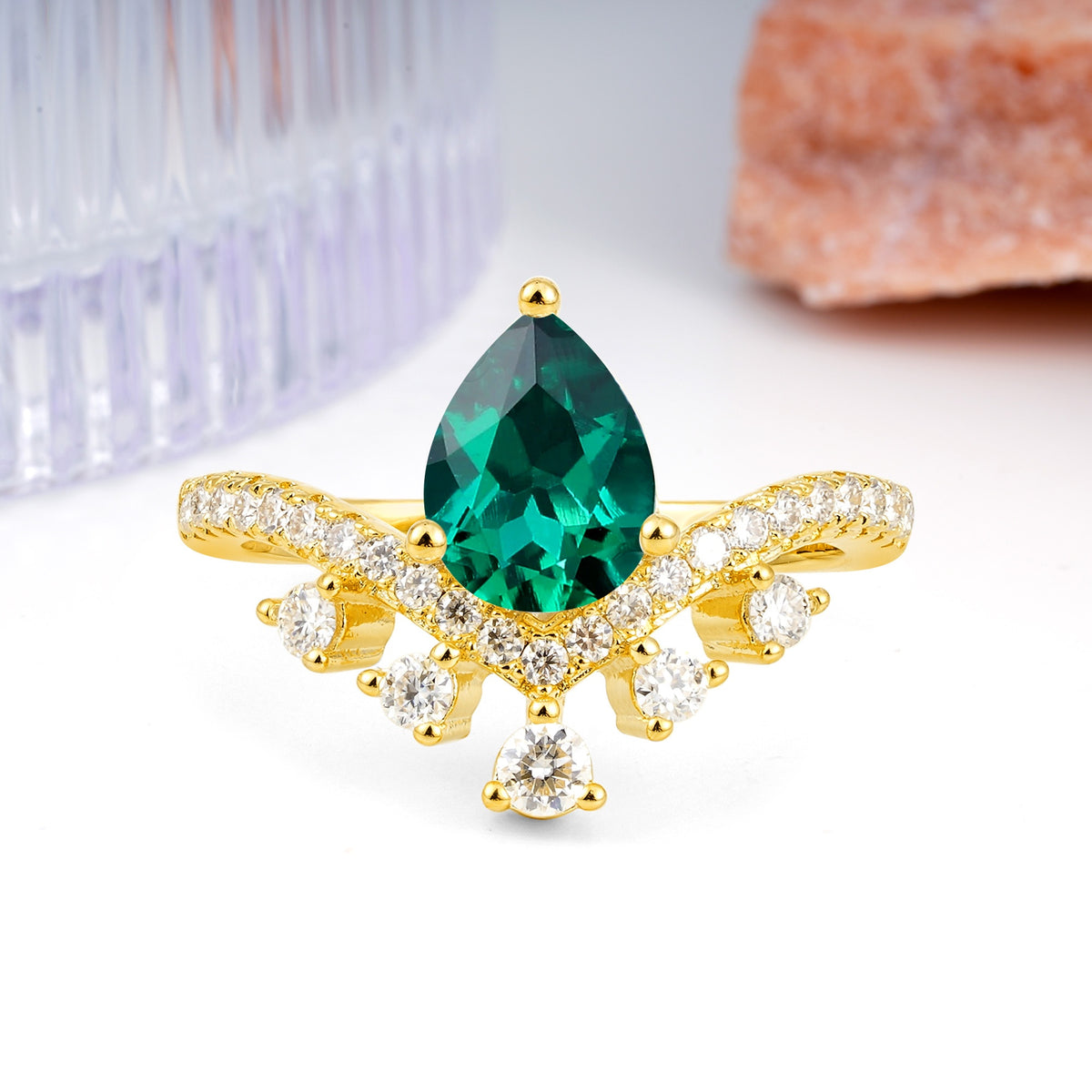 Luxurious and Unique Crown Style 3 Prong Pear Cut Emerald Engagement Ring - Additional view