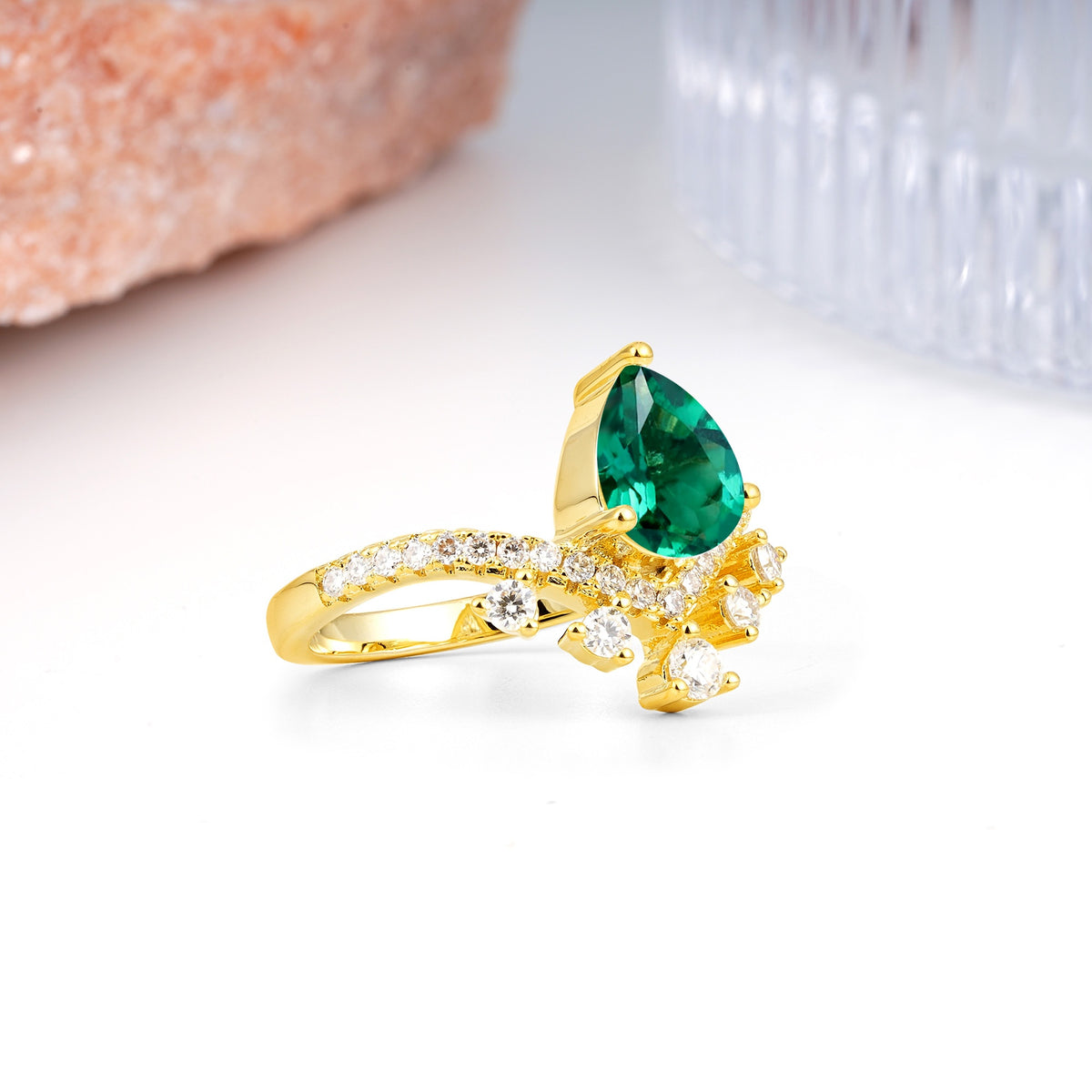 Luxurious and Unique Crown Style 3 Prong Pear Cut Emerald Engagement Ring - Additional view