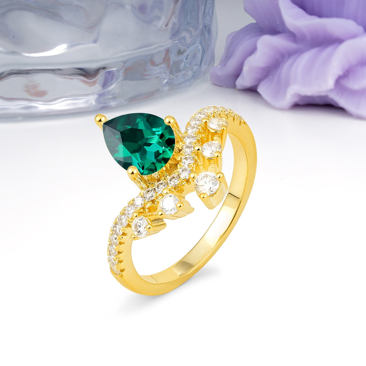Luxurious and Unique Crown Style 3 Prong Pear Cut Emerald Engagement Ring - Additional view
