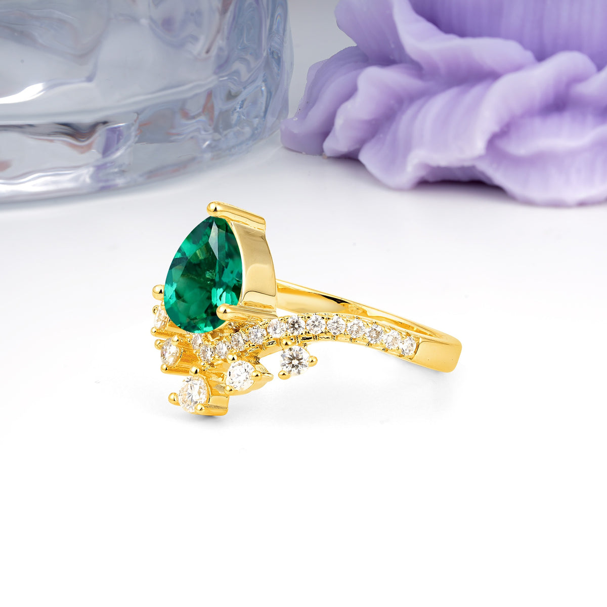 Luxurious and Unique Crown Style 3 Prong Pear Cut Emerald Engagement Ring - Additional view