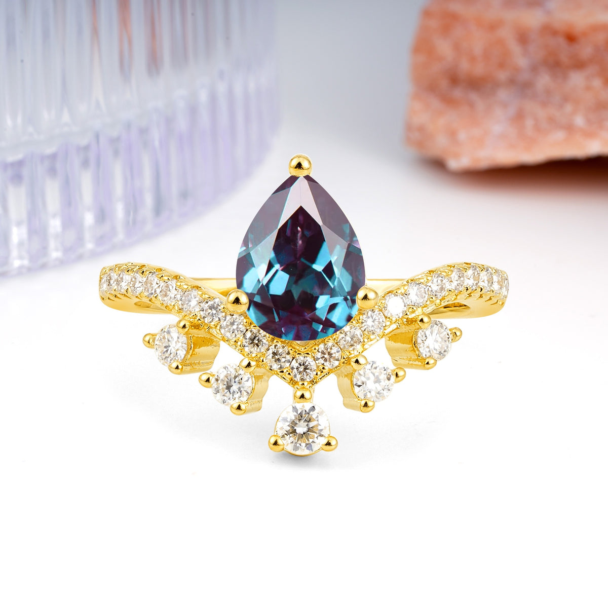 Luxurious and Unique Crown Style 3 Prong Pear Cut Alexandrite Engagement Ring - Additional view
