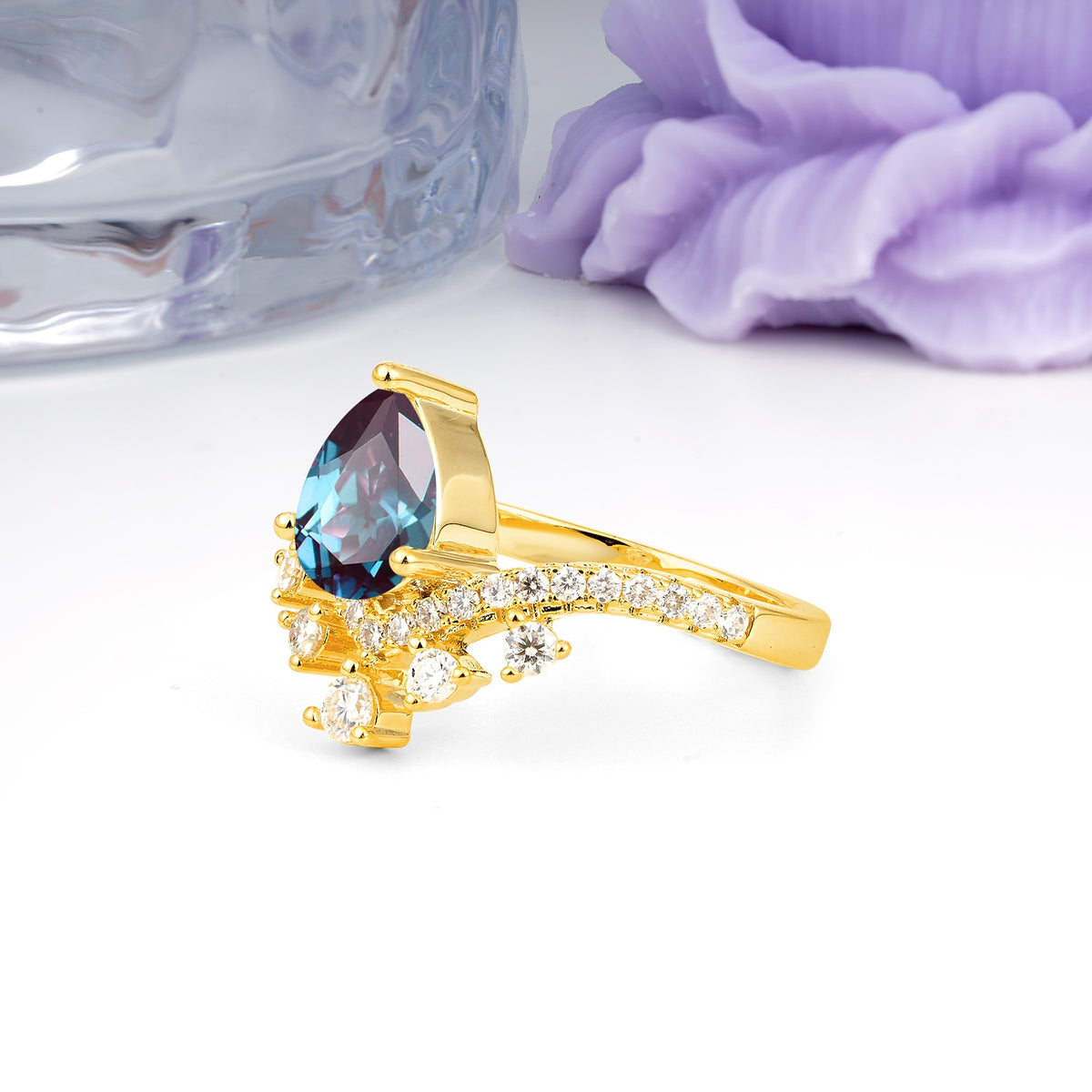 Luxurious and Unique Crown Style 3 Prong Pear Cut Alexandrite Engagement Ring - Additional view