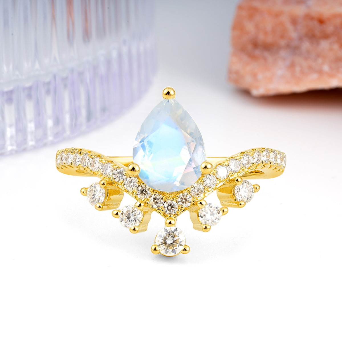 Luxurious and Unique Crown Style 3 Prong Pear Cut Moonstone Engagement Ring - Additional view