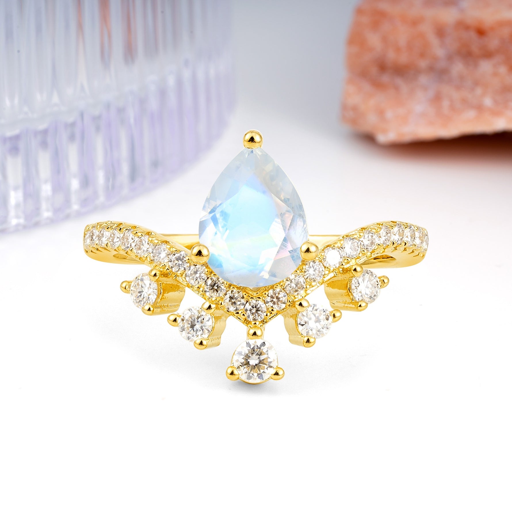 Luxurious and Unique Crown Style 3 Prong Pear Cut Moonstone Engagement Ring - Additional view
