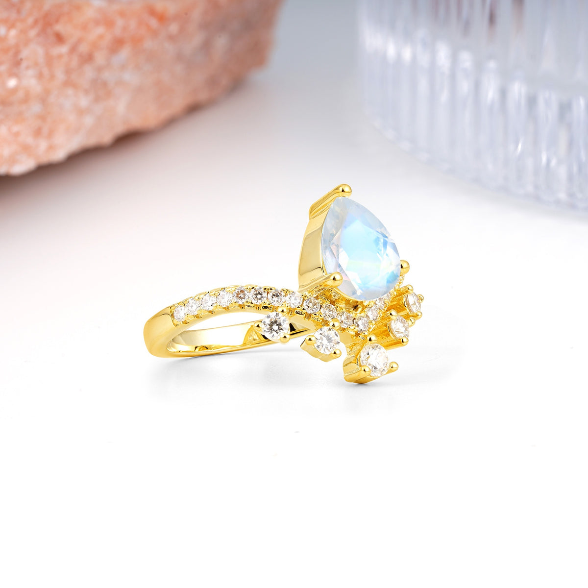 Luxurious and Unique Crown Style 3 Prong Pear Cut Moonstone Engagement Ring - Additional view