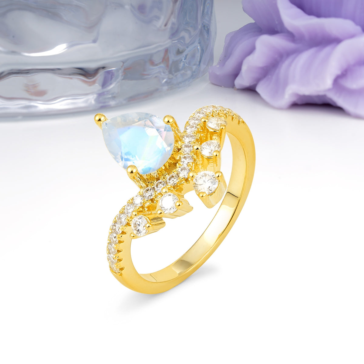 Luxurious and Unique Crown Style 3 Prong Pear Cut Moonstone Engagement Ring - Additional view