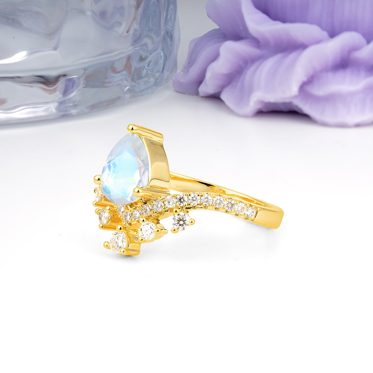 Luxurious and Unique Crown Style 3 Prong Pear Cut Moonstone Engagement Ring - Additional view