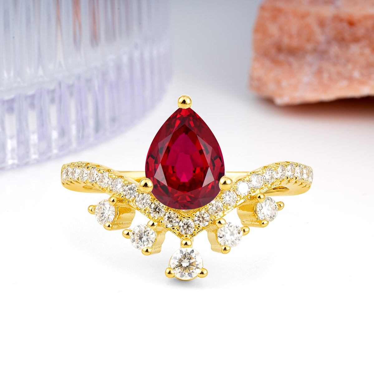 Luxurious and Unique Crown Style 3 Prong Pear Cut Ruby Engagement Ring - Additional view