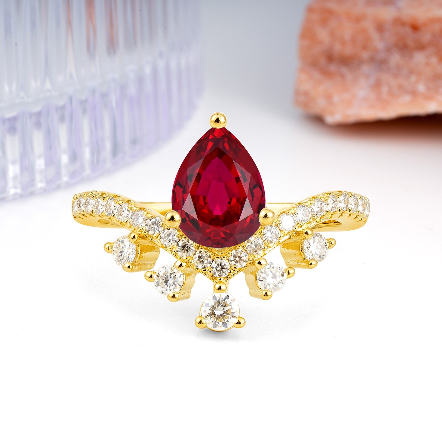 Luxurious and Unique Crown Style 3 Prong Pear Cut Ruby Engagement Ring - Additional view