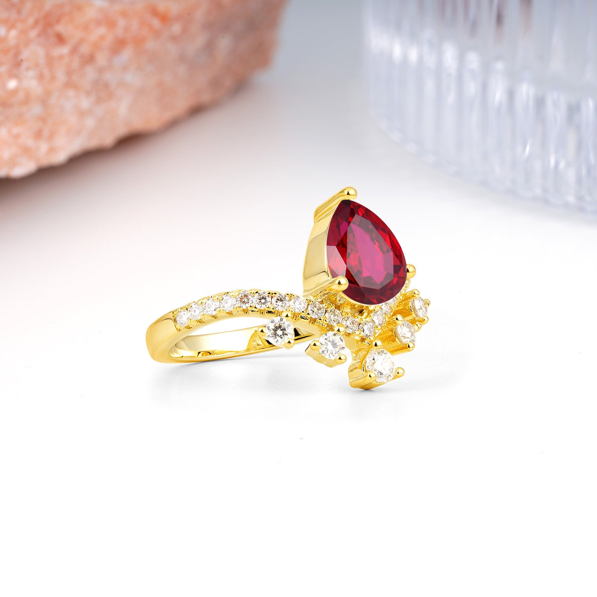Luxurious and Unique Crown Style 3 Prong Pear Cut Ruby Engagement Ring - Additional view