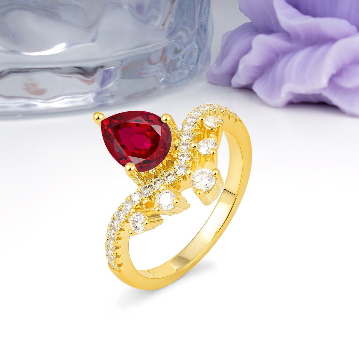 Luxurious and Unique Crown Style 3 Prong Pear Cut Ruby Engagement Ring - Additional view